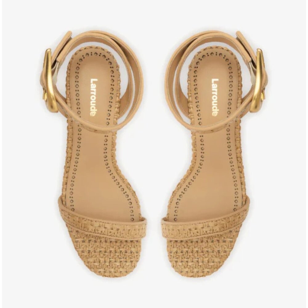 Larroudé Verona Block Sandal In Beige Leather and Natural Raffia - Picture 6 of 11